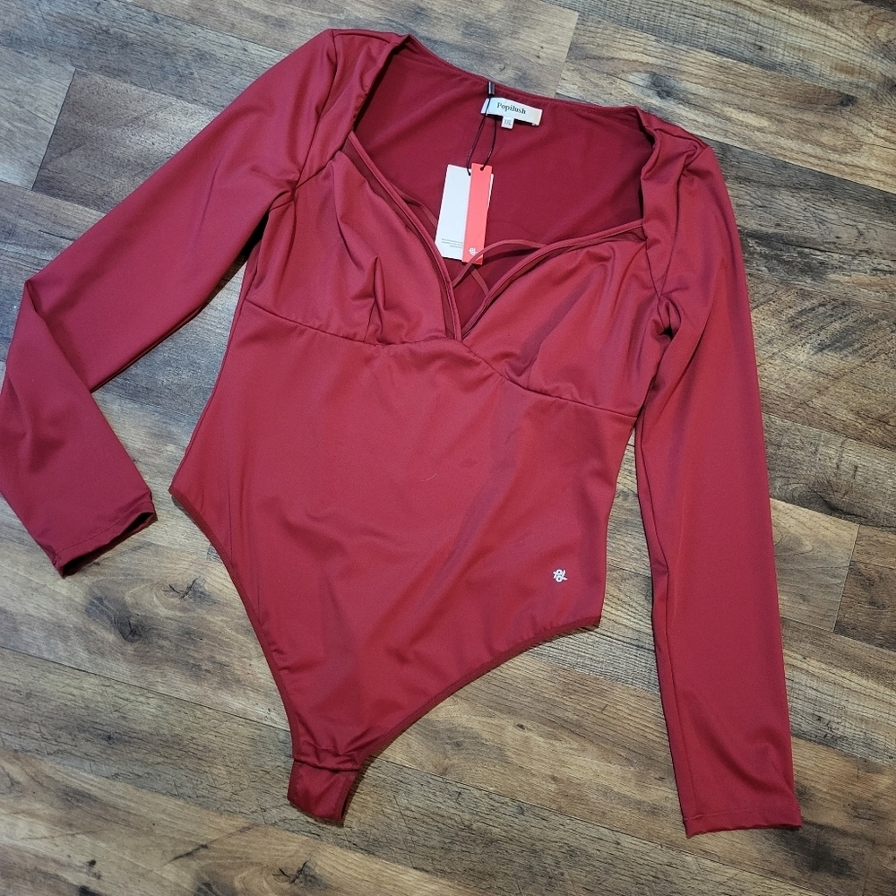 Popilush Women's Longsleeve Red V Neck Shapewear Tummy Control Bodysuit Size XXL - Picture 6 of 10